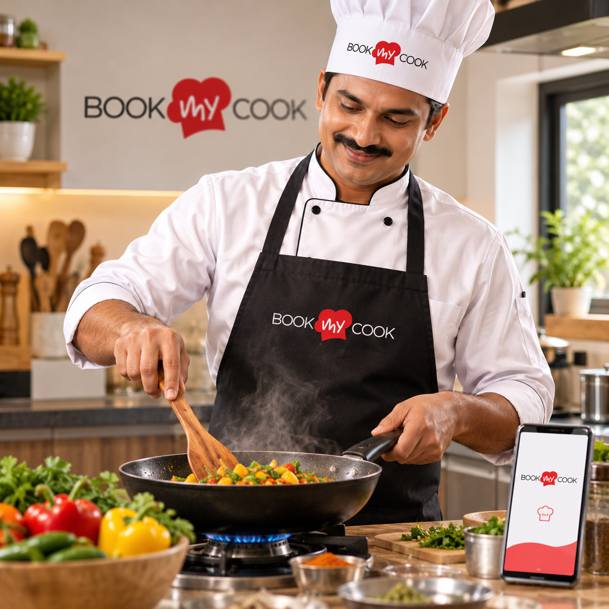 A Book My Cook chef cooking a fresh meal in a home kitchen